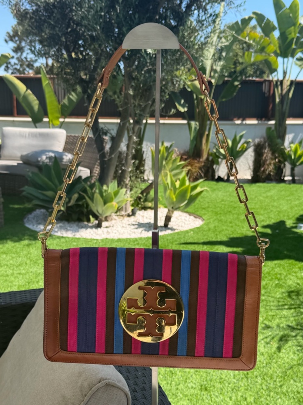 Tory Burch Striped Logo-Front Shoulder Bag